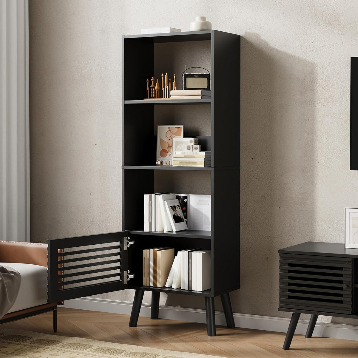 Furnify 4-Tier Narrow Bookcase with Open Shelf and Slatted Door, Black