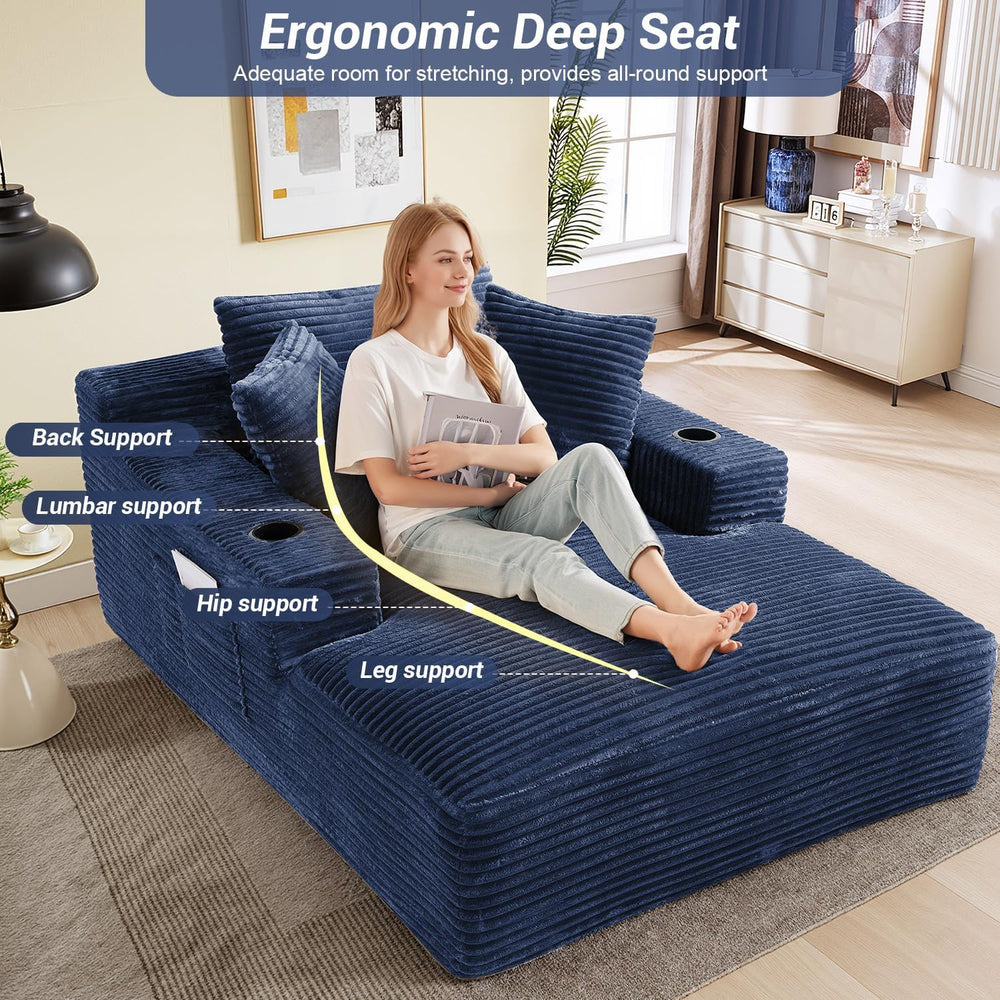 50" x 68" Corduroy Chaise Lounge, Cup Holders, Blue