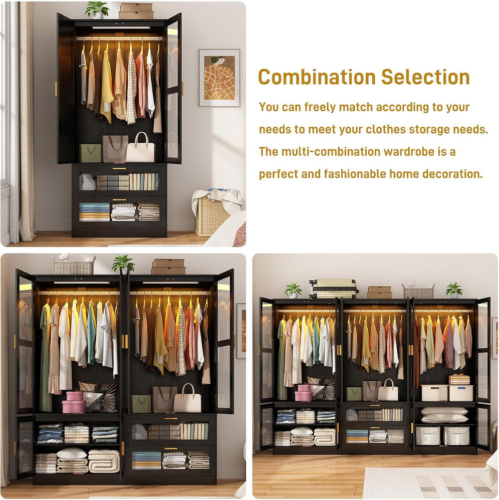 4 Doors Armoire Wardrobe Closet with LED and Mirror,71" H Freestanding W...