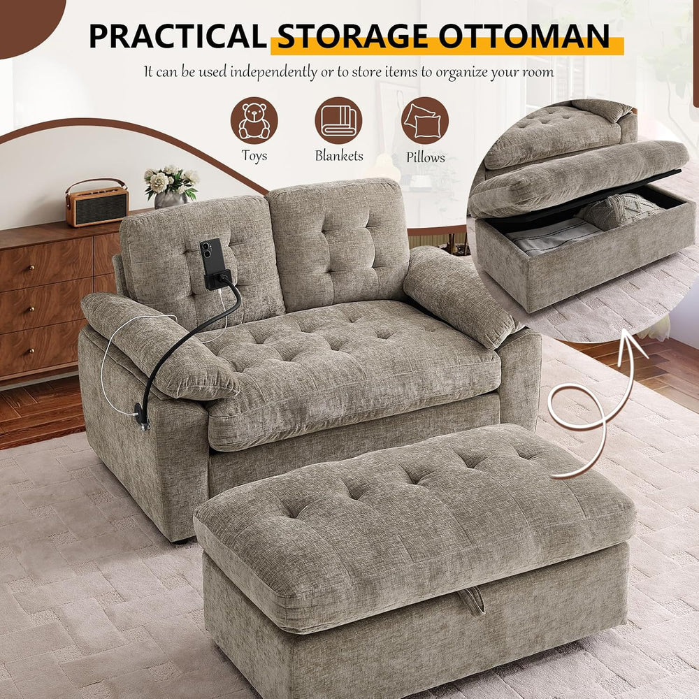 56” Chaise Lounge Chair with Ottoman, Oversized Loveseat Reading Accent Comfy...