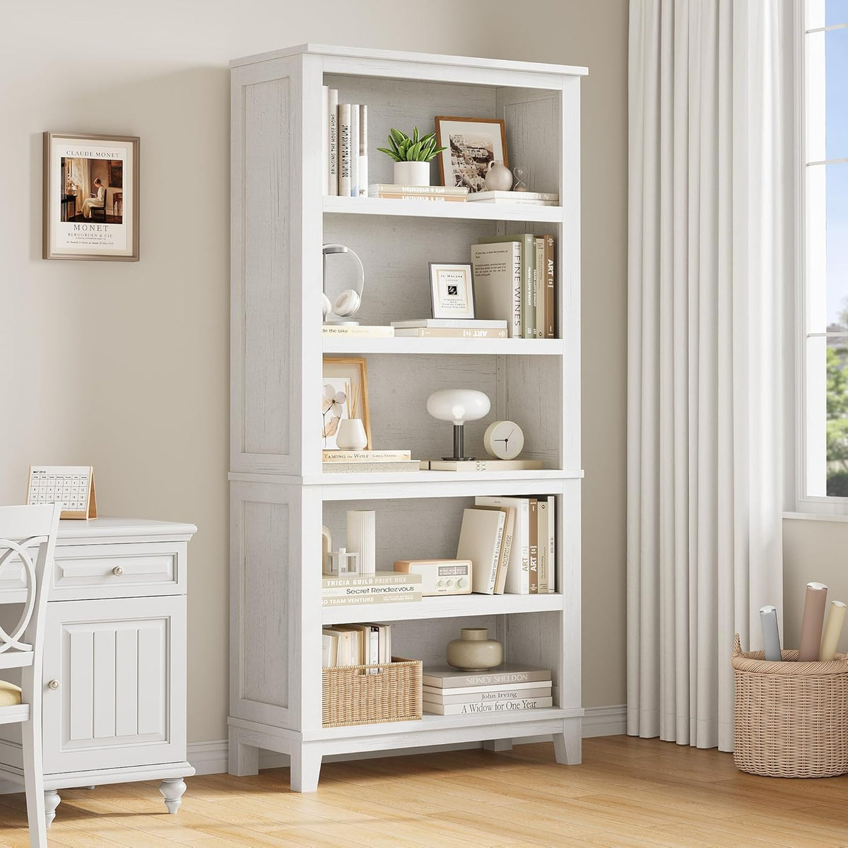 IDEALHOUSE 71" Tall Farmhouse Bookshelf with Adjustable Shelves(White)