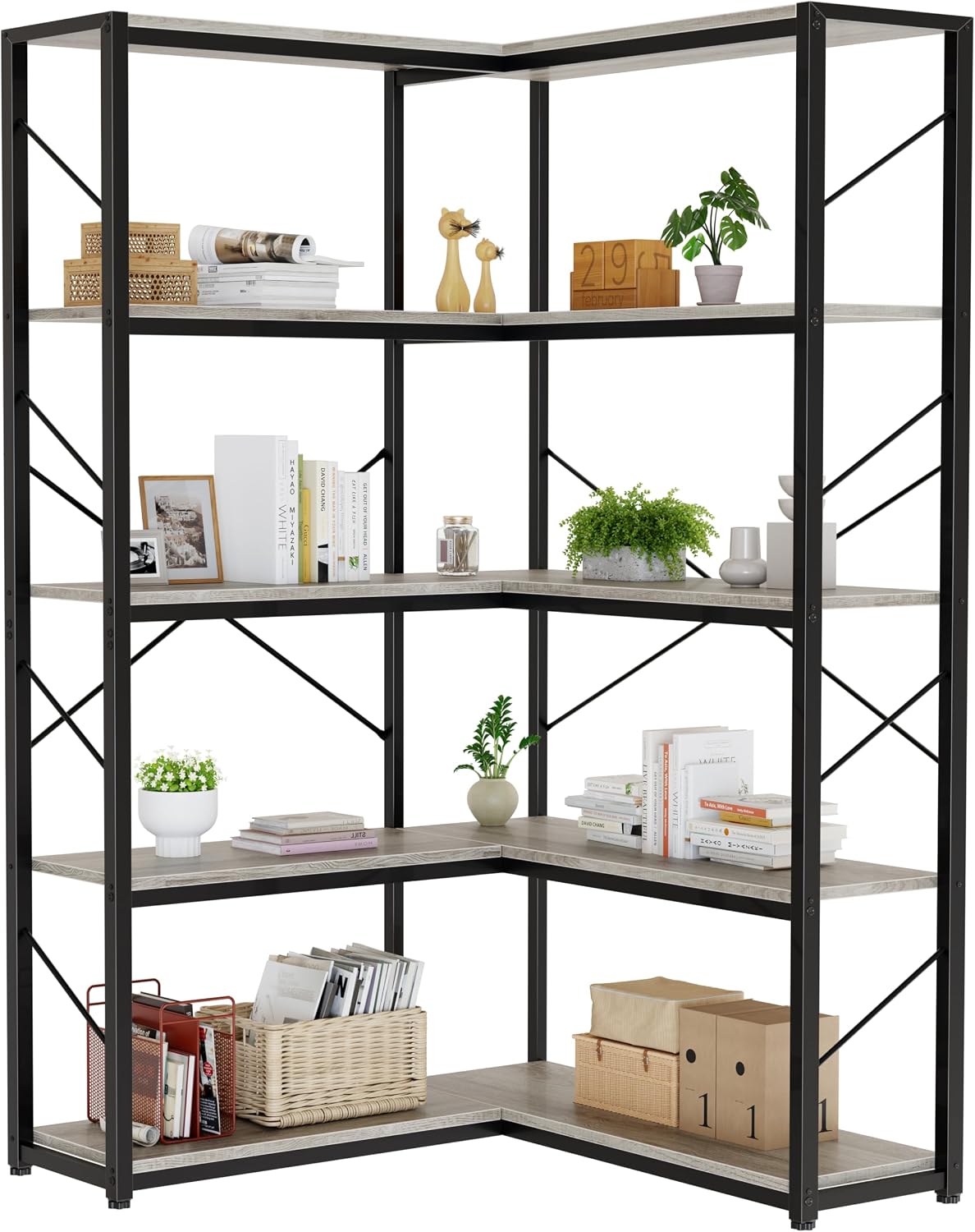 Shintenchi 5 Tier Corner Bookshelf, L Shaped Large Bookcase, Grey