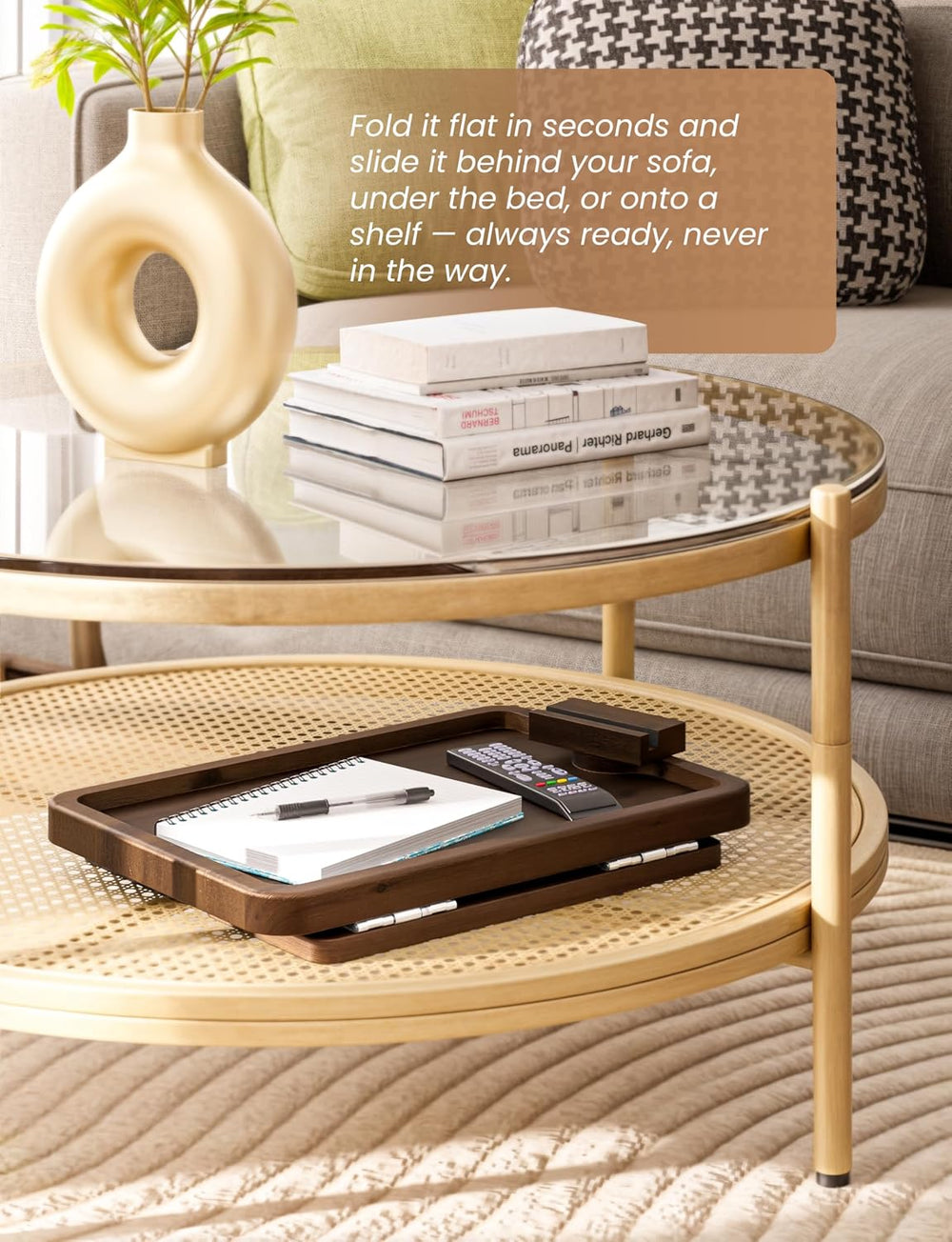HOLANA 15.75" Acacia Couch Armrest Table with Phone Holder, Walnut Color