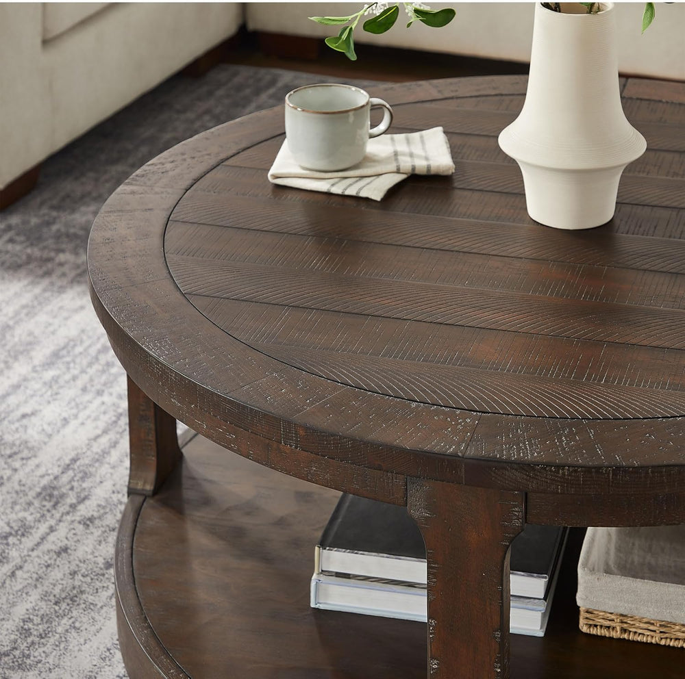 WILLIAMSPACE 40" Round Coffee Table with Wheels, Circle 2 Tier Solid Woo...