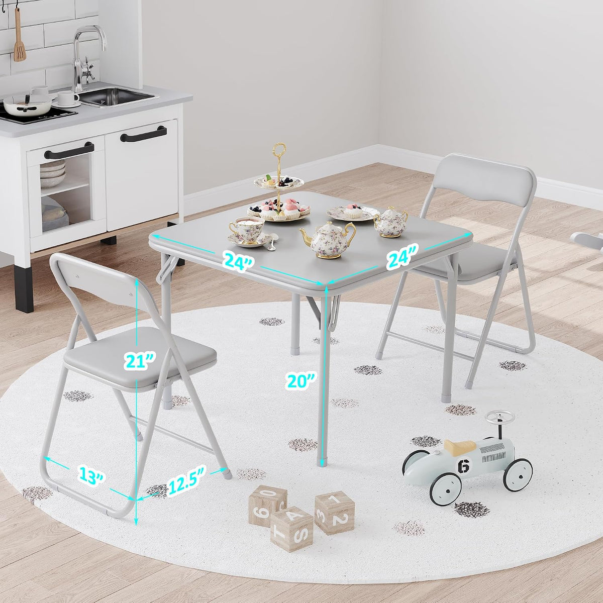 IDEALHOUSE Boys and Girls Folding Table and Chairs Set of 3, Portable Table and Chair with Pu Soft Cushion,Suitable for Eating,Reading and Playing (Grey)