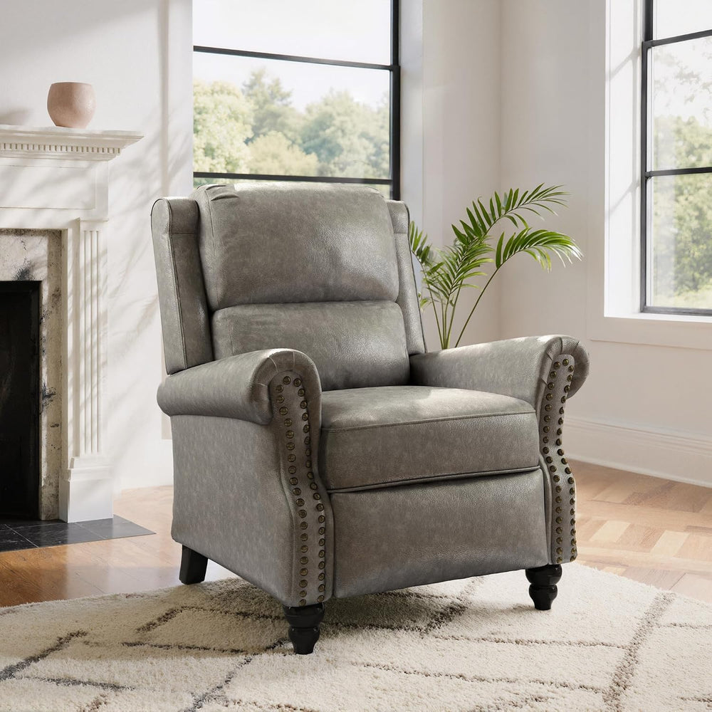 Pushback Recliner Chair, Modern Faux Leather Wingback Recliner, Gray