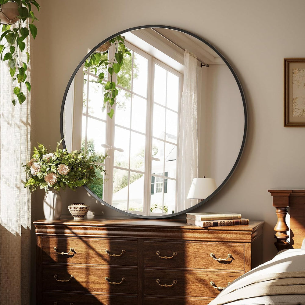 XRAMFY 40 Inch Round Mirror - Black Circle Mirrors for Bathroom, Entryway