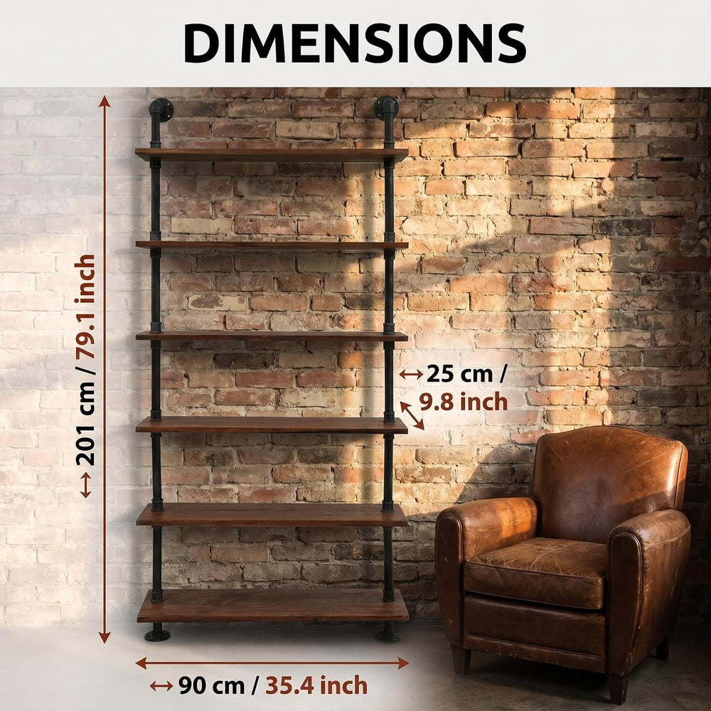 Industrial Pipe Bookshelf, 6 Layer Rustic Modern Wood Ladder Shelf with Metal...