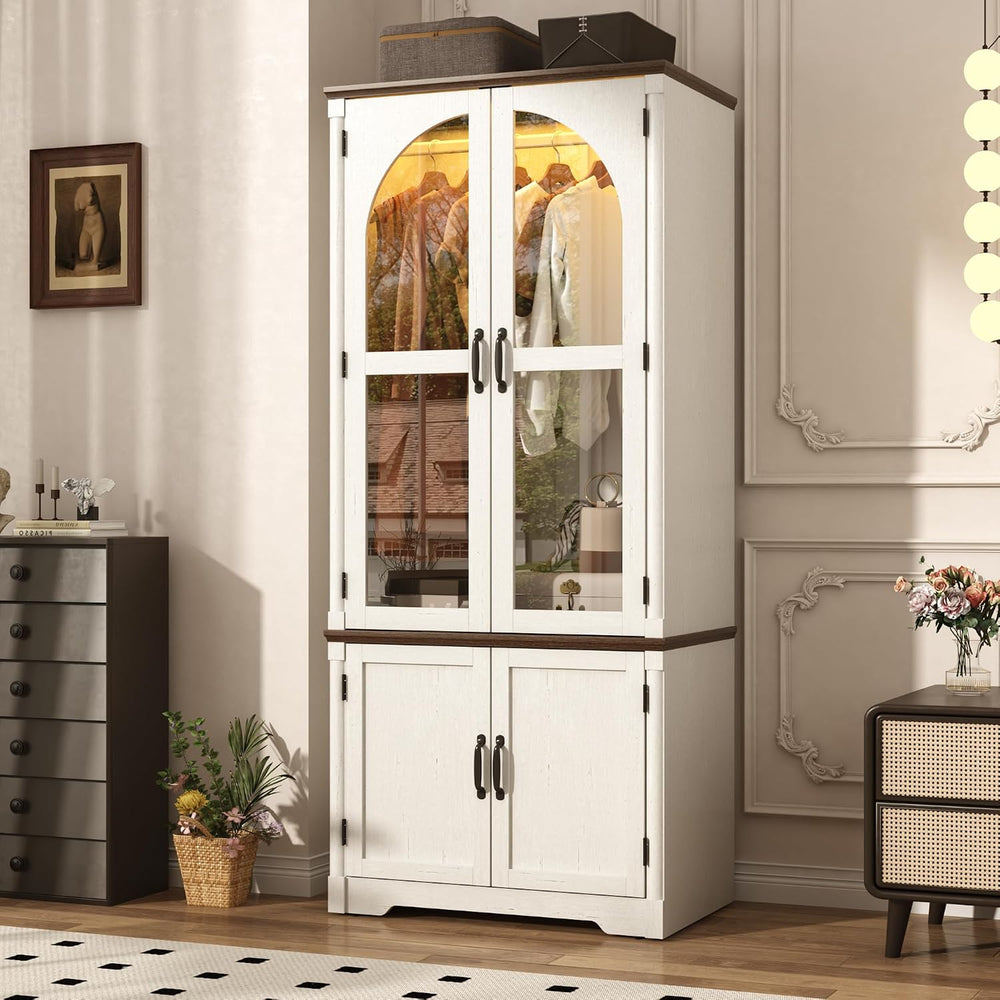 Tall Farmhouse 2 Doors Armoire Wardrobe Closet with LED ,72" Freestandin...