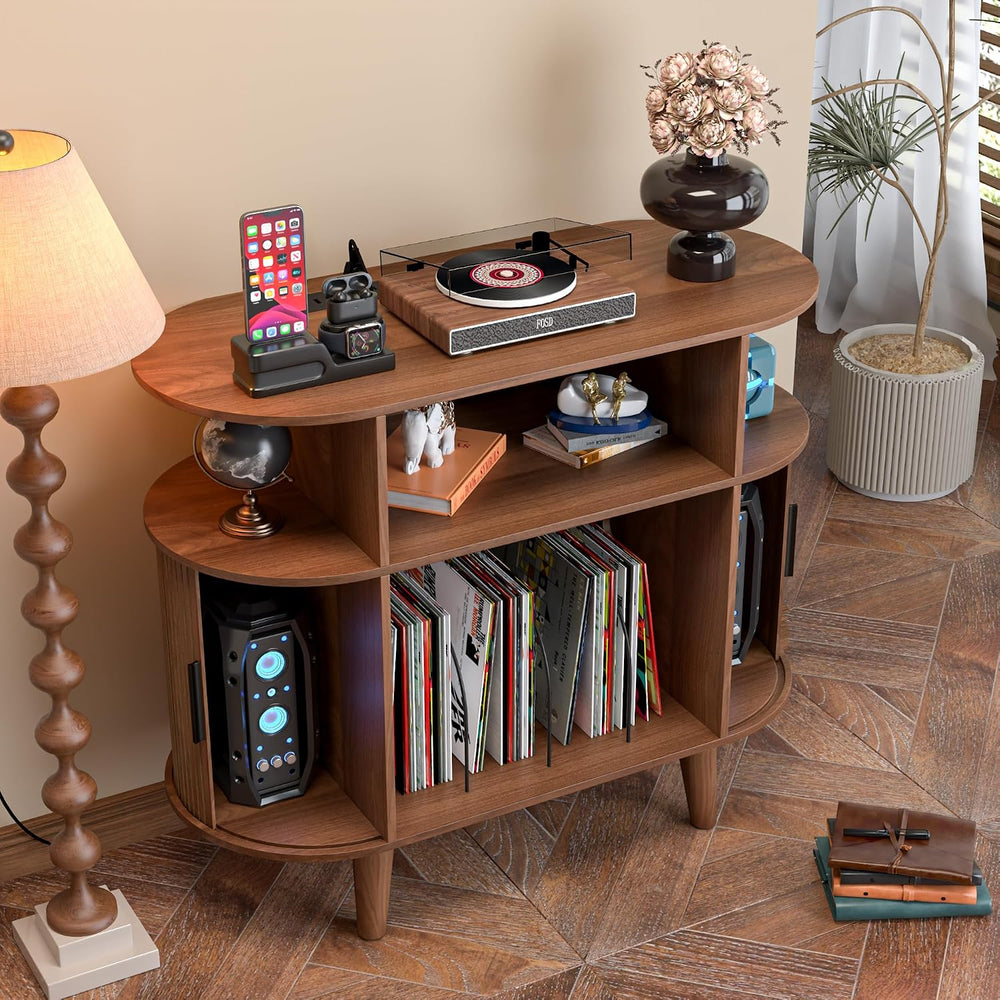 LUVIOHOME Large Round Record Player Stand with Charging Station & USB Ports