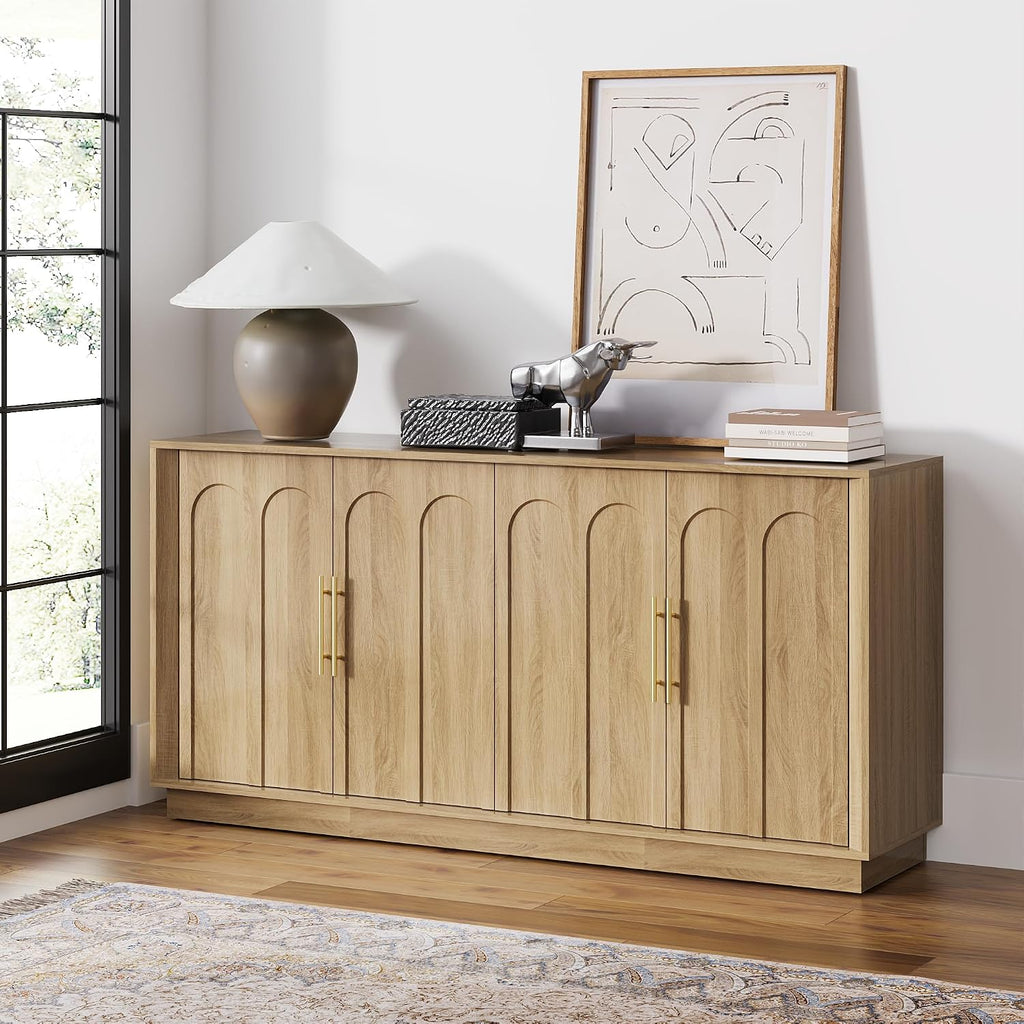 FORTUNETEC 67" Sideboard Buffet Cabinet with Storage, Arched Doors, Oak