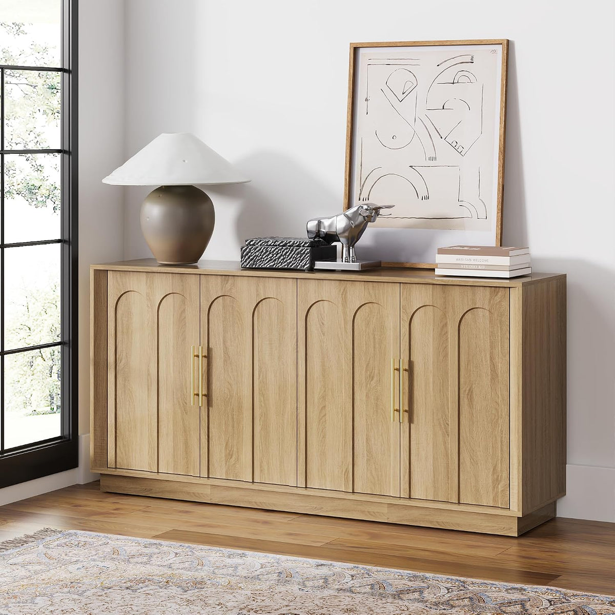 FORTUNETEC 67" Sideboard Buffet Cabinet with Storage, Arched Doors, Oak