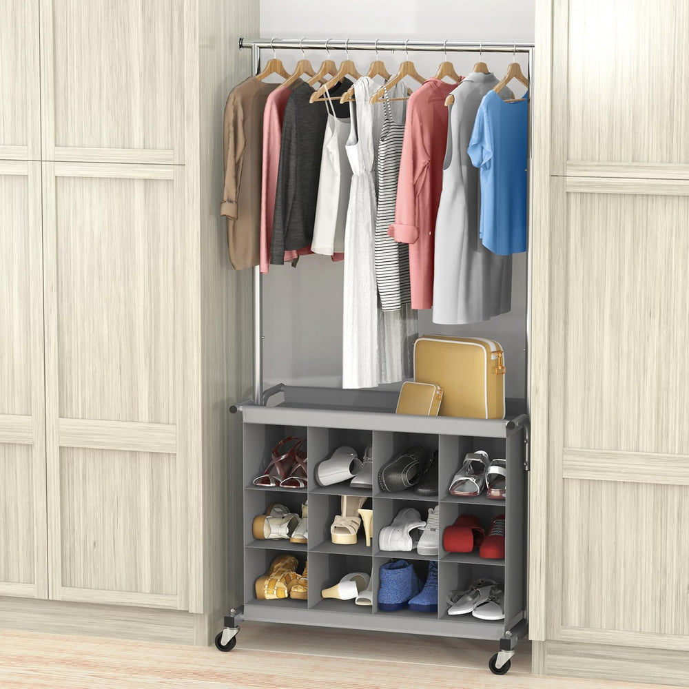 Simple Houseware Garment Rack w/Extensible Hanging Rod & 12 Cubes, Grey