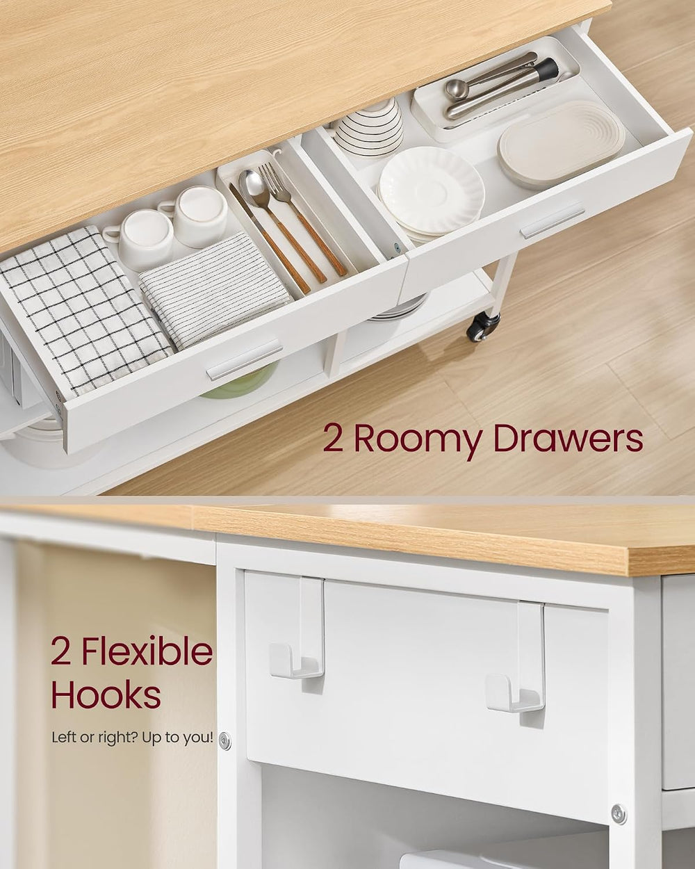 VASAGLE Kitchen Island Cart with Storage, 2 Drawers, Towel Rack