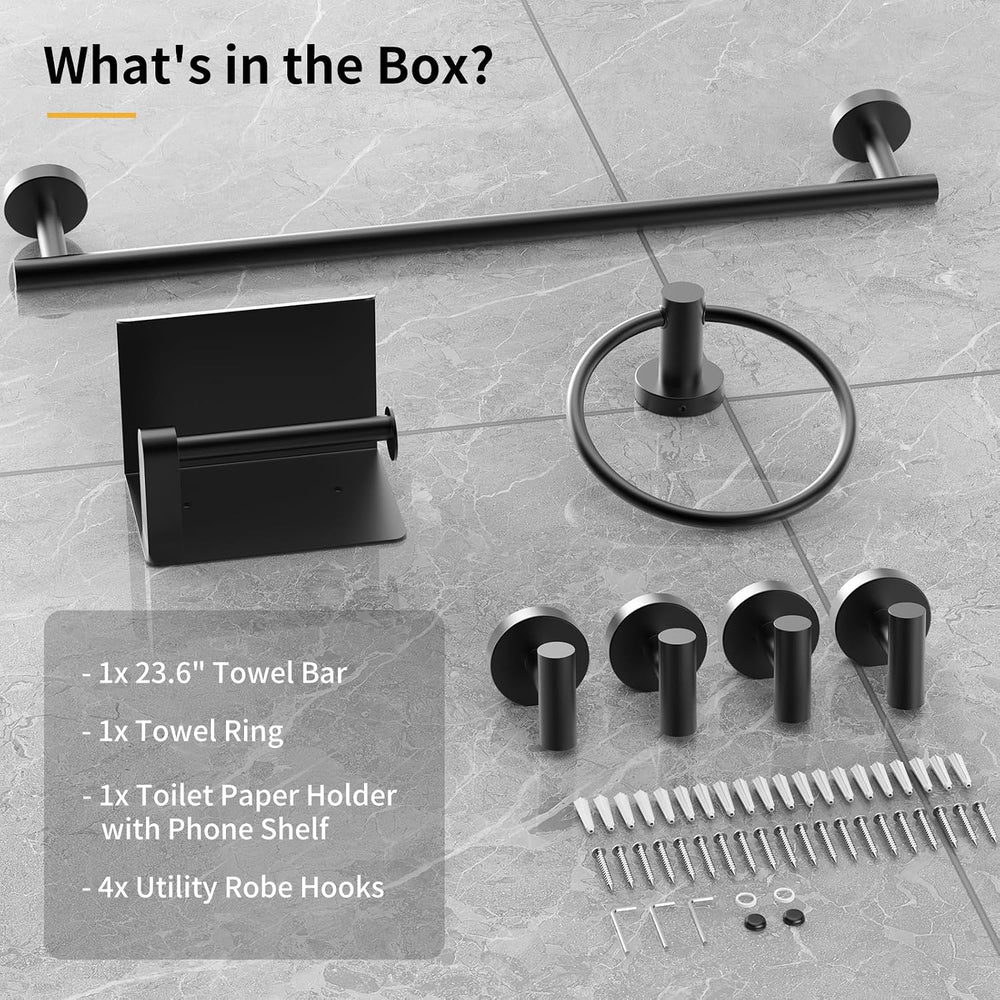 Matte Black Bathroom Hardware Set 7 Piece with 23.6 Inch Towel Bar