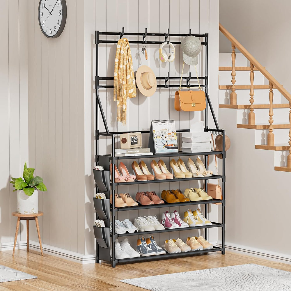 OYREL Shoe Rack, 5 Tier Shoes Storage Organizer with Hooks and Side Pocket