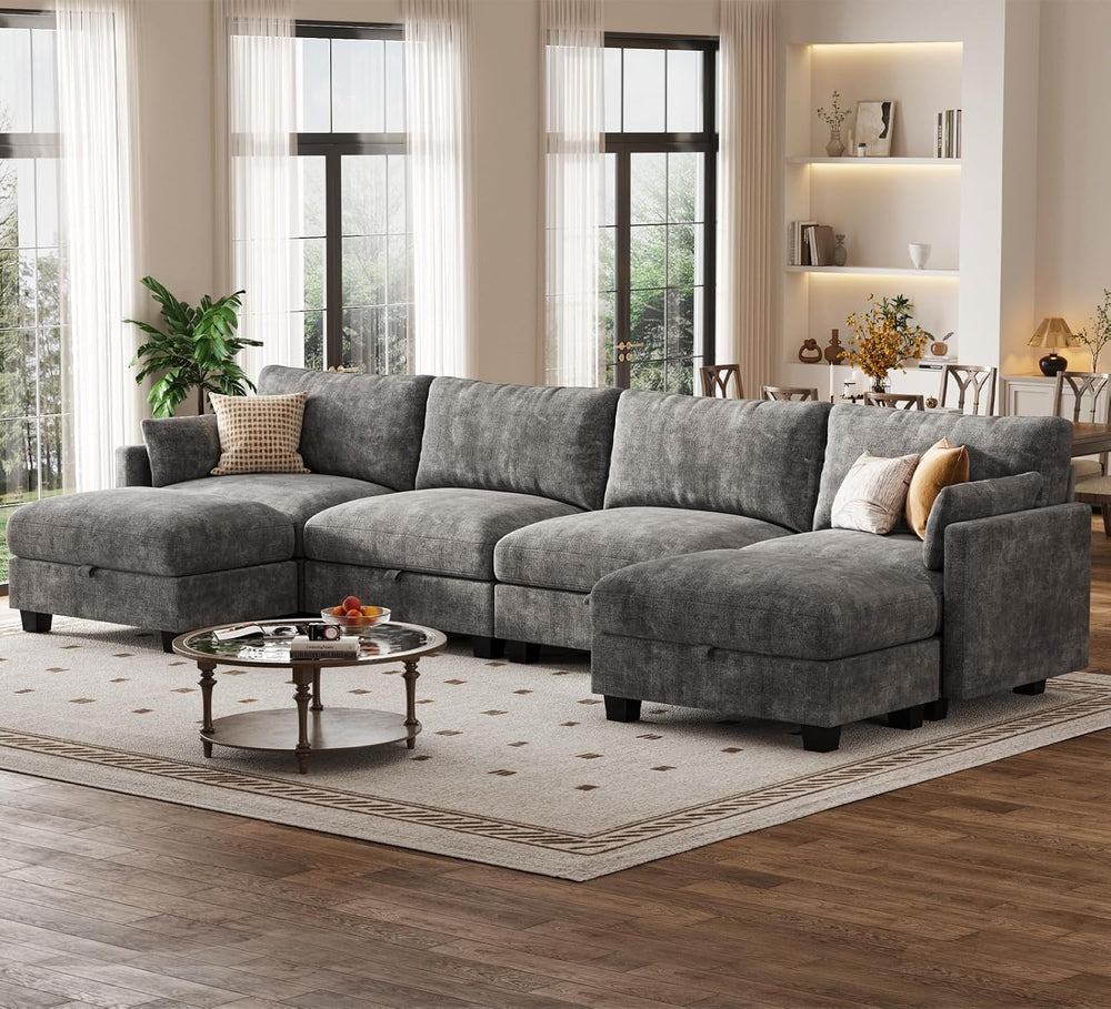 Modular Sectional Sofa, 132" U Shaped Couch with Storage, Chenille