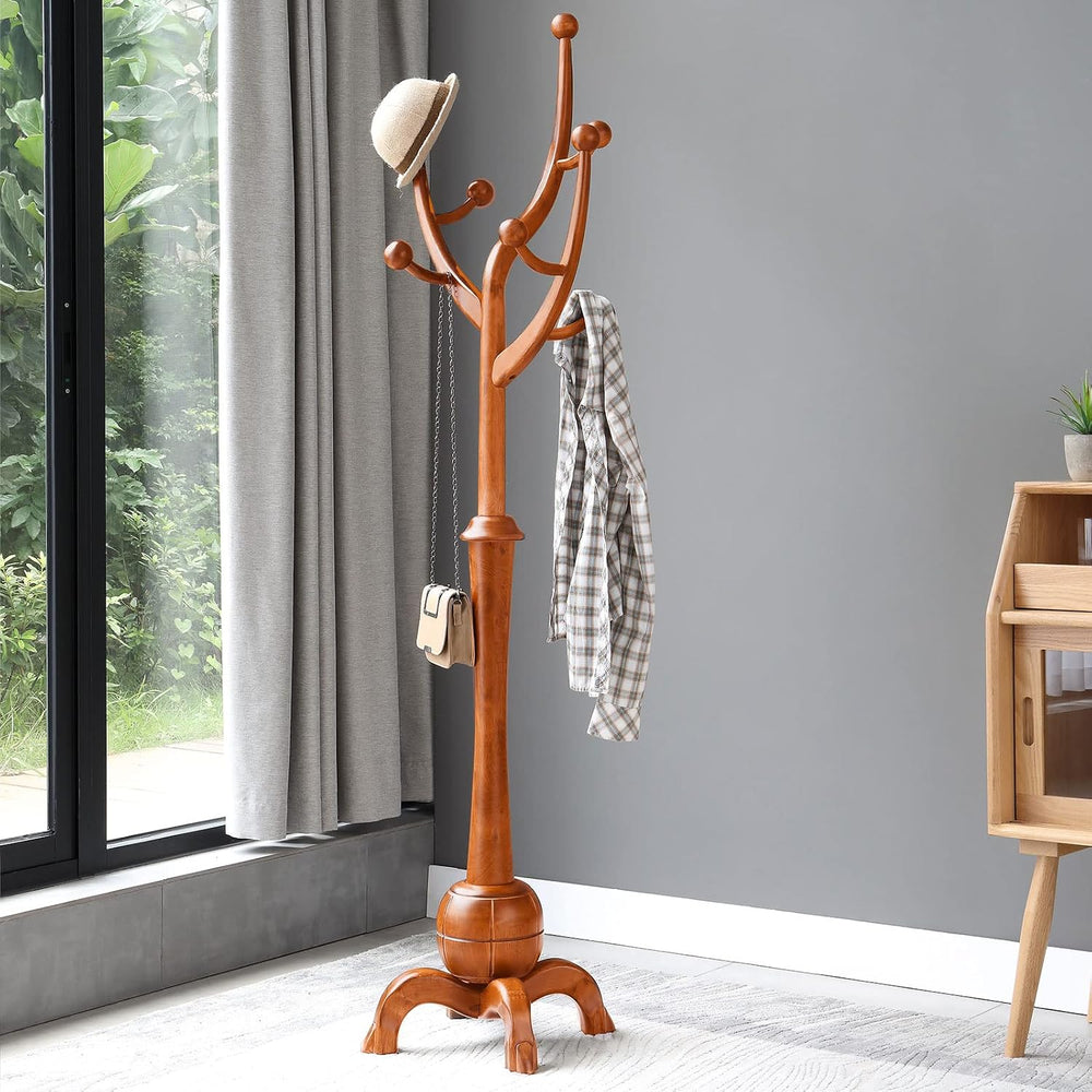 Coat Rack Freestanding Wood Coat Tree with Stable Sphere Base, Light Brown