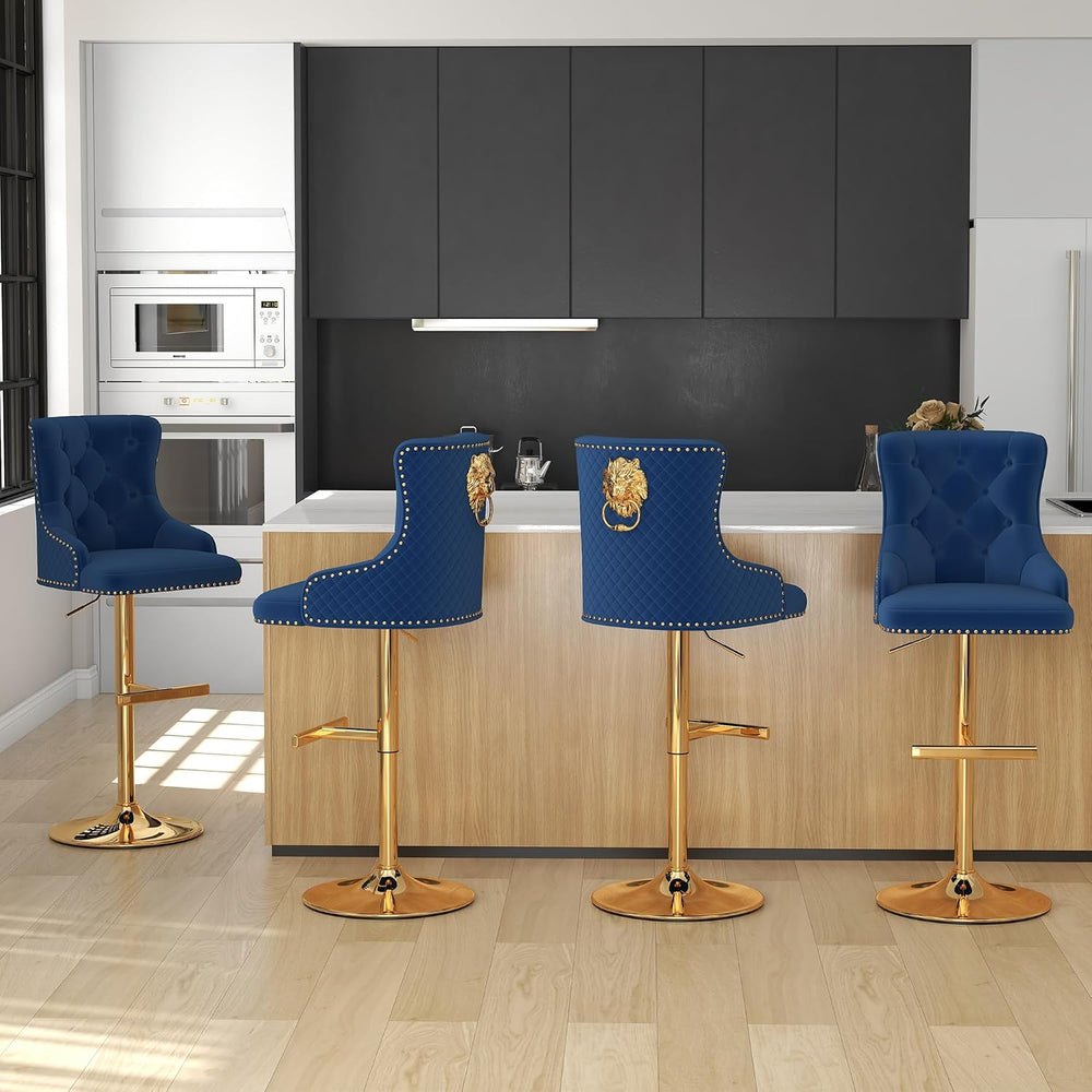 Velvet Bar Stools Set of 4, Adjustable Height, Gold Metal Base, Blue