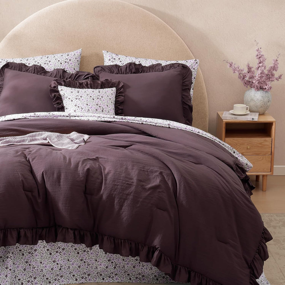 BLOOMHAVEN Full Size Comforter Sets-7 Pieces Ruffle Bedding Floral Sheet