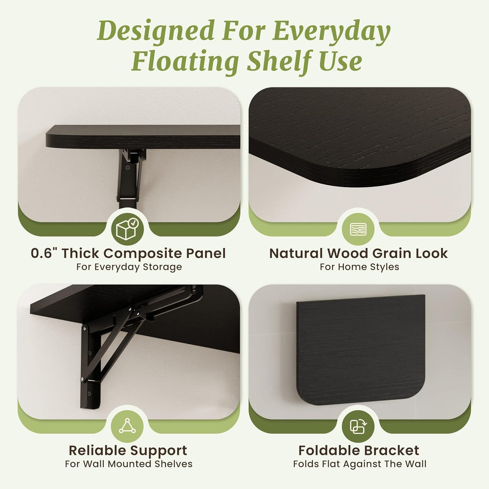 IAE 16 Inch Fold Black Floating Wall Shelves,12 Inch Deep Wood Wall Shelf