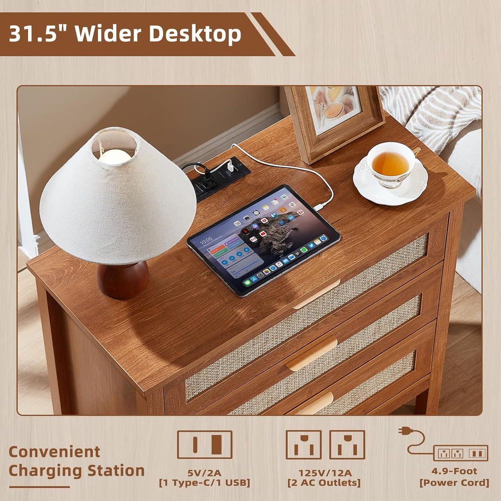LEYAOYAO 31.5" Wide Rattan Nightstands Set of 2 with Charging Station
