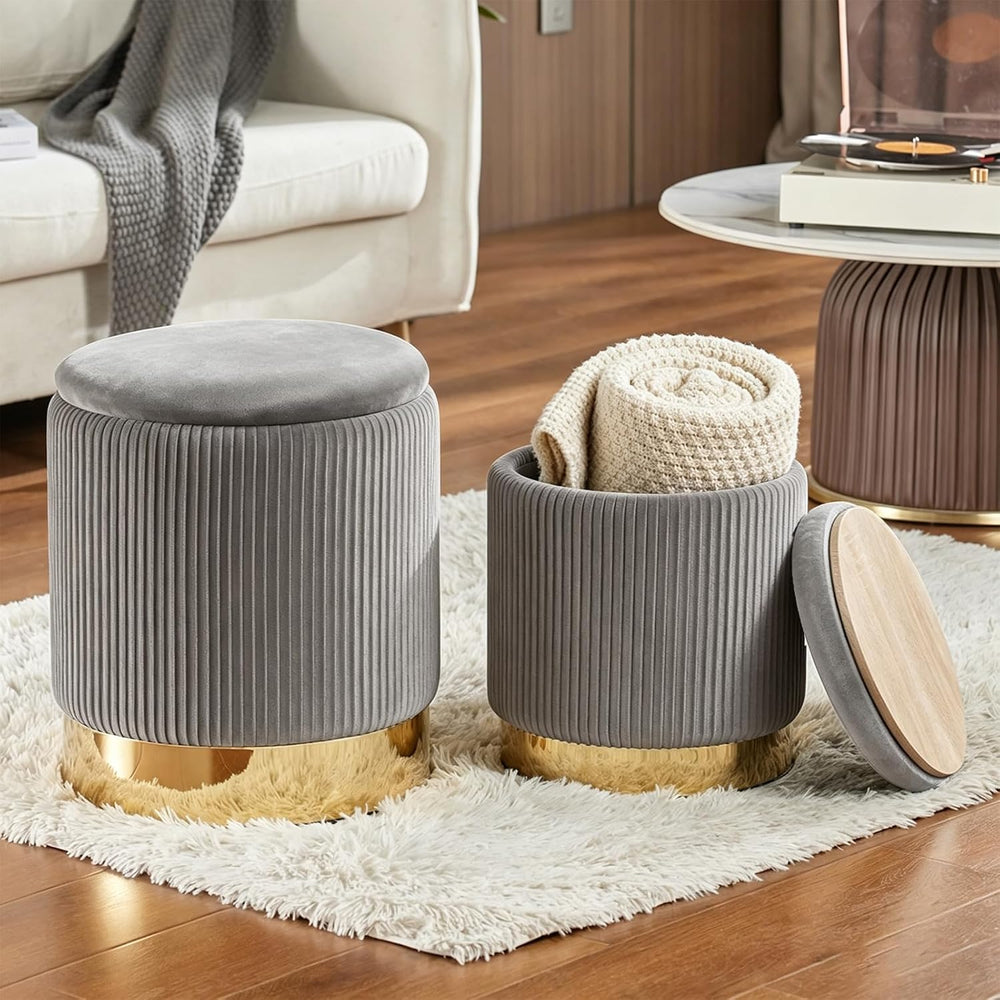 Round Ottoman with Storage Set of 2 Light Gray Velvet Vanity Stool