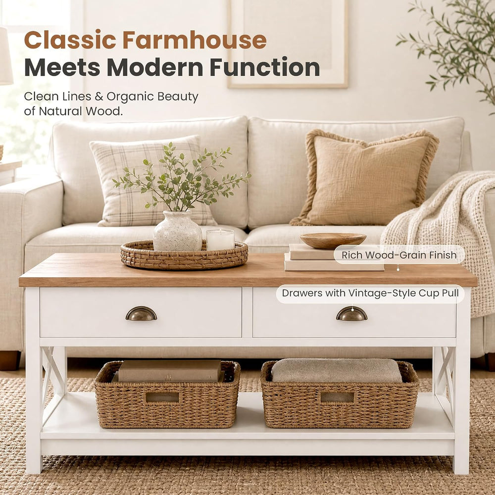 PHI VILLA White Coffee Table with Drawers,2 Tiers Living Room Coffee Table