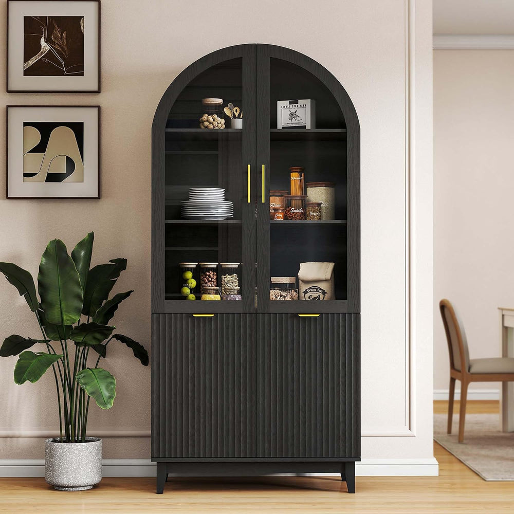 Pamapic 71" Tall Arched Cabinet with Glass Doors, Fluted Kitchen Pantry ...