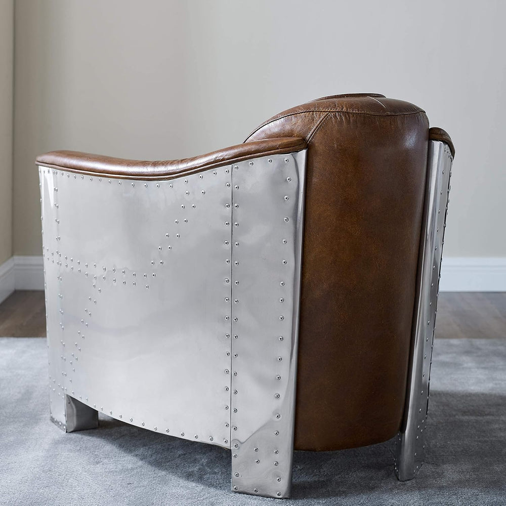 Volans Mid Century Modern Genuine Leather Accent Arm Chair with Vintage Alumi...