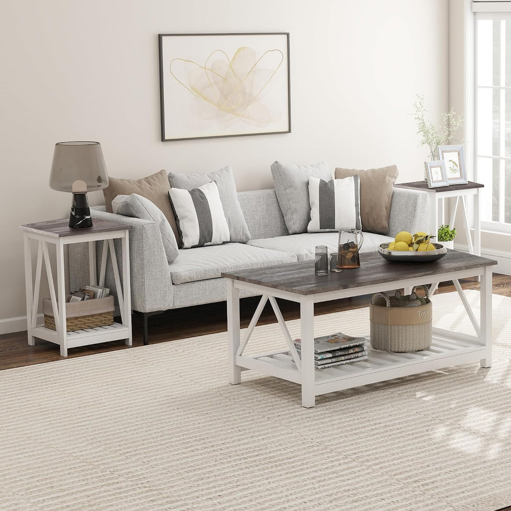 End Table, Farmhouse Square Side Table with Slat Shelf, 15.7" Oak White