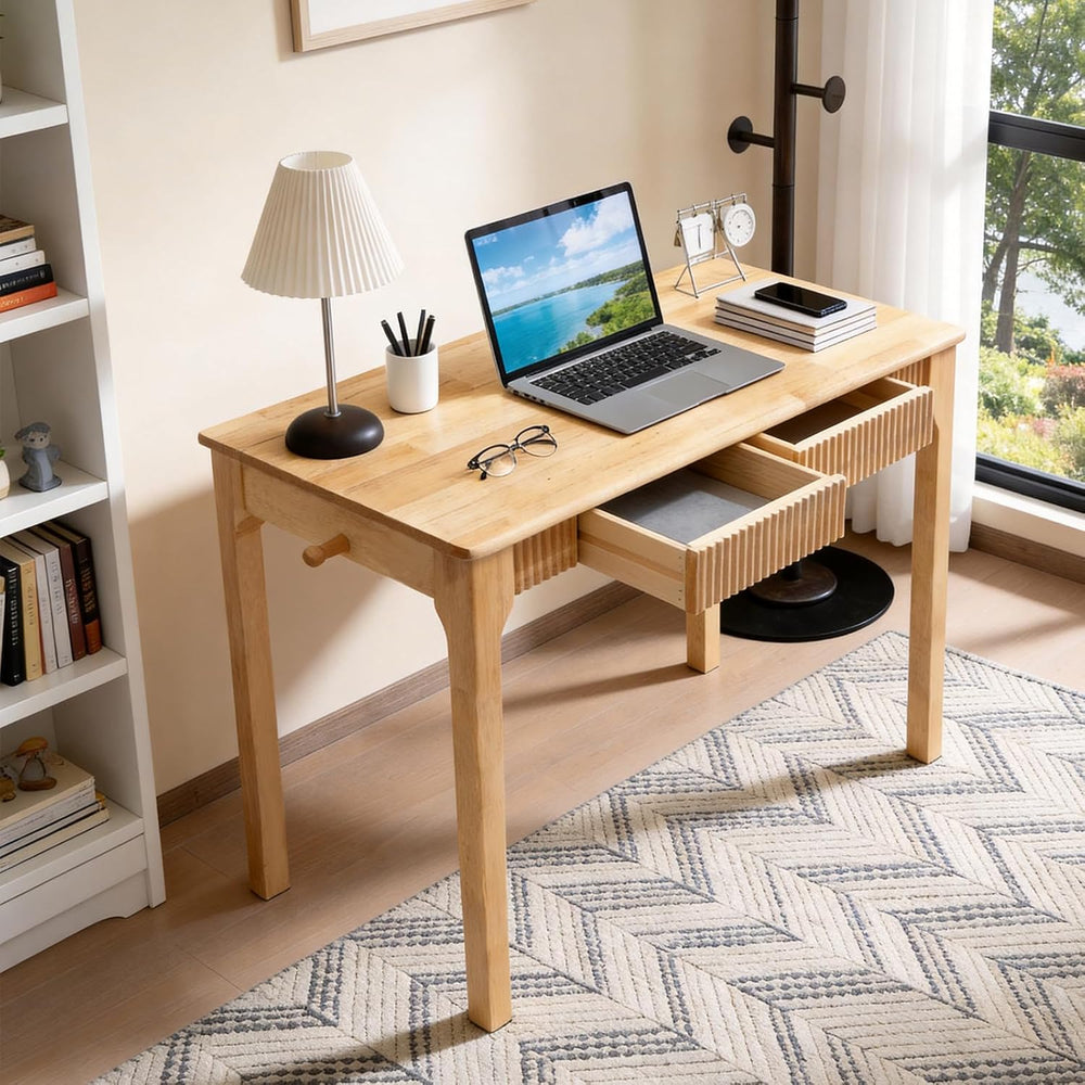 100% Solid Wood Desk,Small Oak Writing Desk，15-Min Assembly，Natural