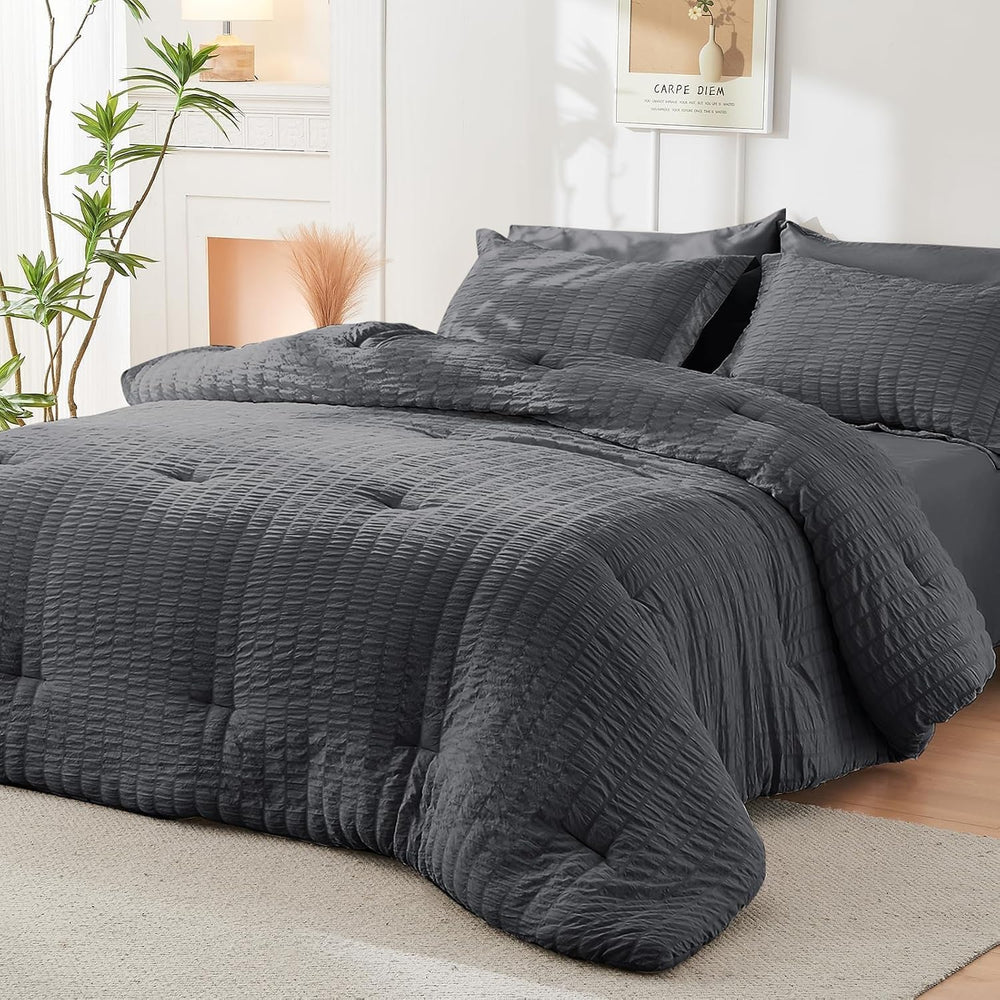 Full Comforter Set - 7PCS Bed in a Bag, Seersucker Bedding Set, Dark Grey