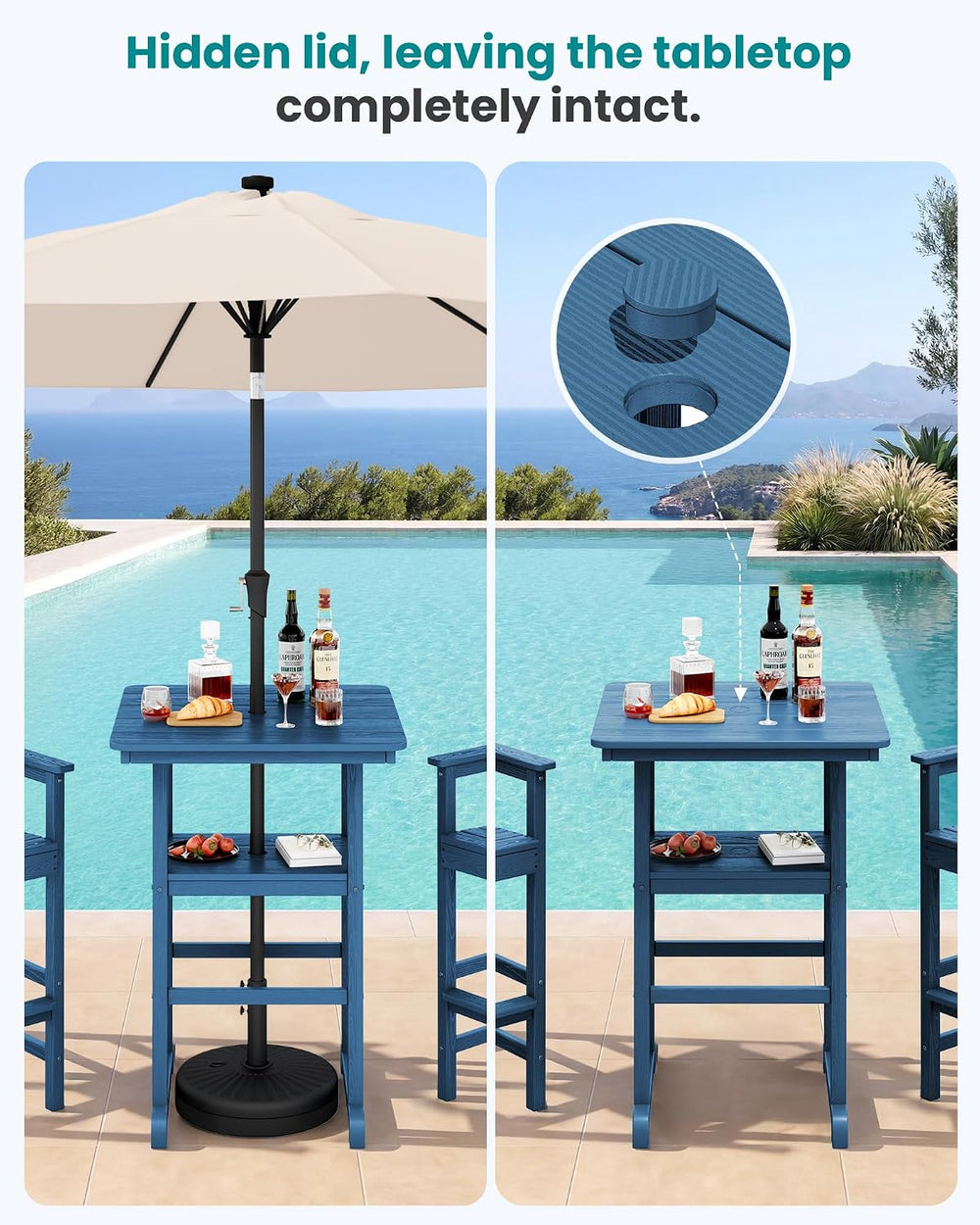 SERWALL 3 Pcs HDPE Bar Height Chairs and Double Layer Pub Table Set, Blue