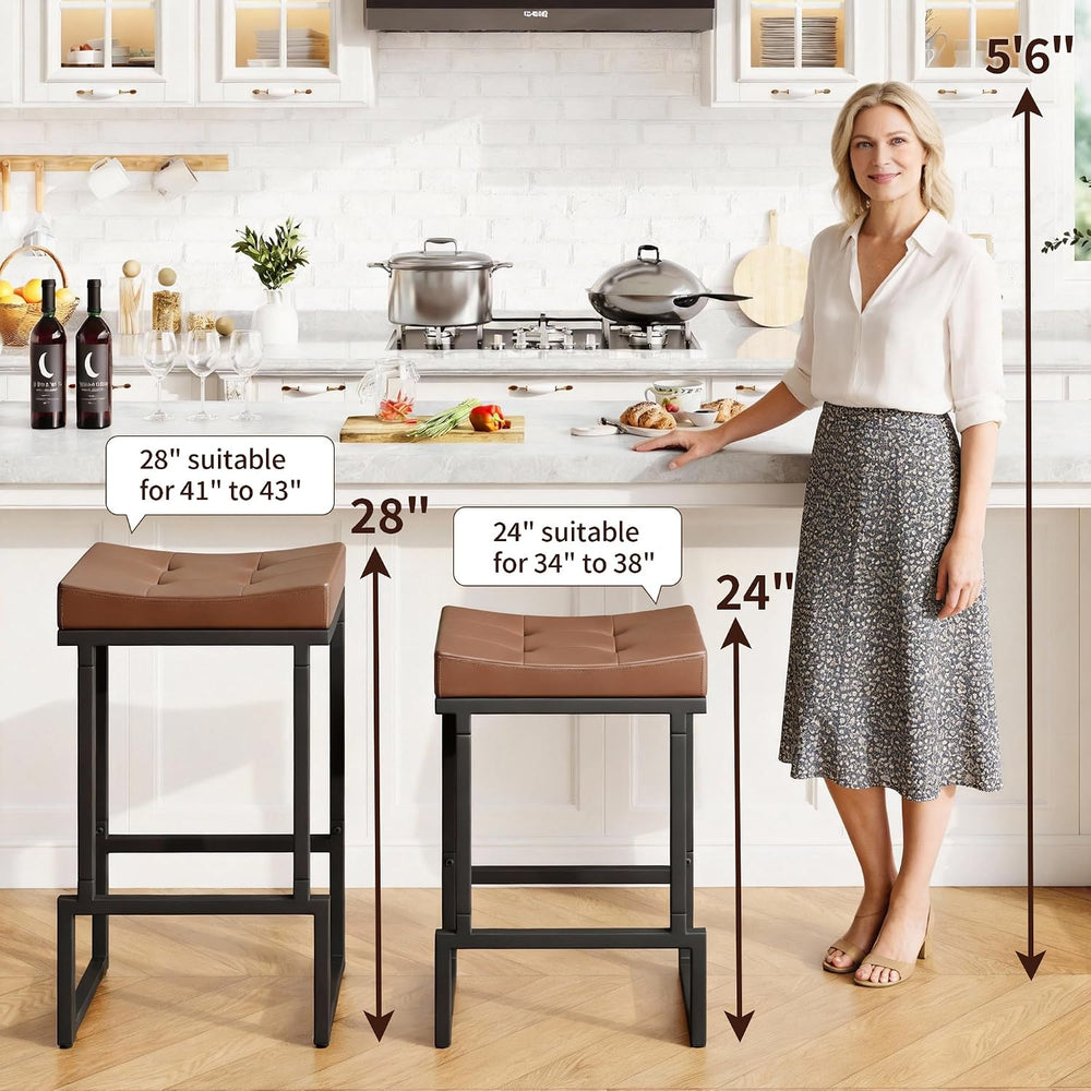 FIRAVOE 28" Bar Stools Set of 3, PU Leather Backless Saddle Bar Stools