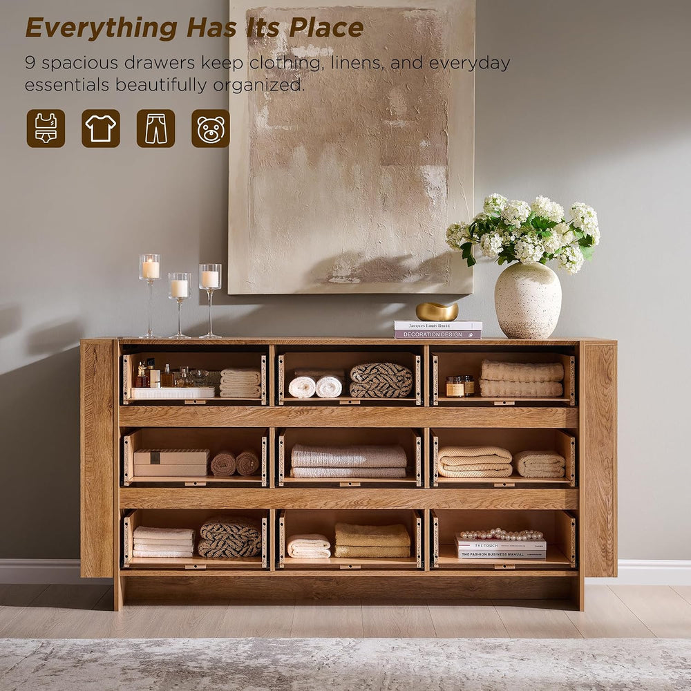 OKD 63" Modern 9 Drawer Dresser for Bedroom, 20" Depth for More Sto...
