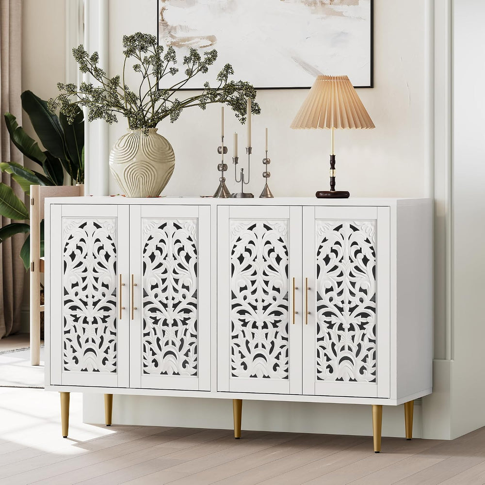 ARTPOWER 47.8" Vintage Accent Cabinet with 4 Hollow Carving Doors, White
