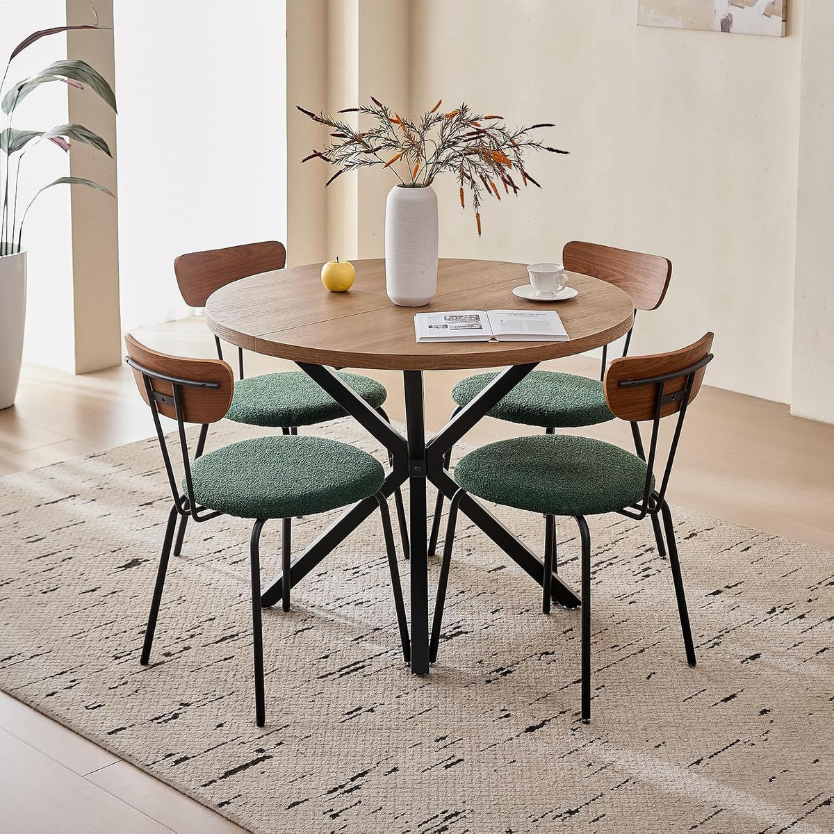 39" Brown Round Dining Table Set for 4 Green Chair