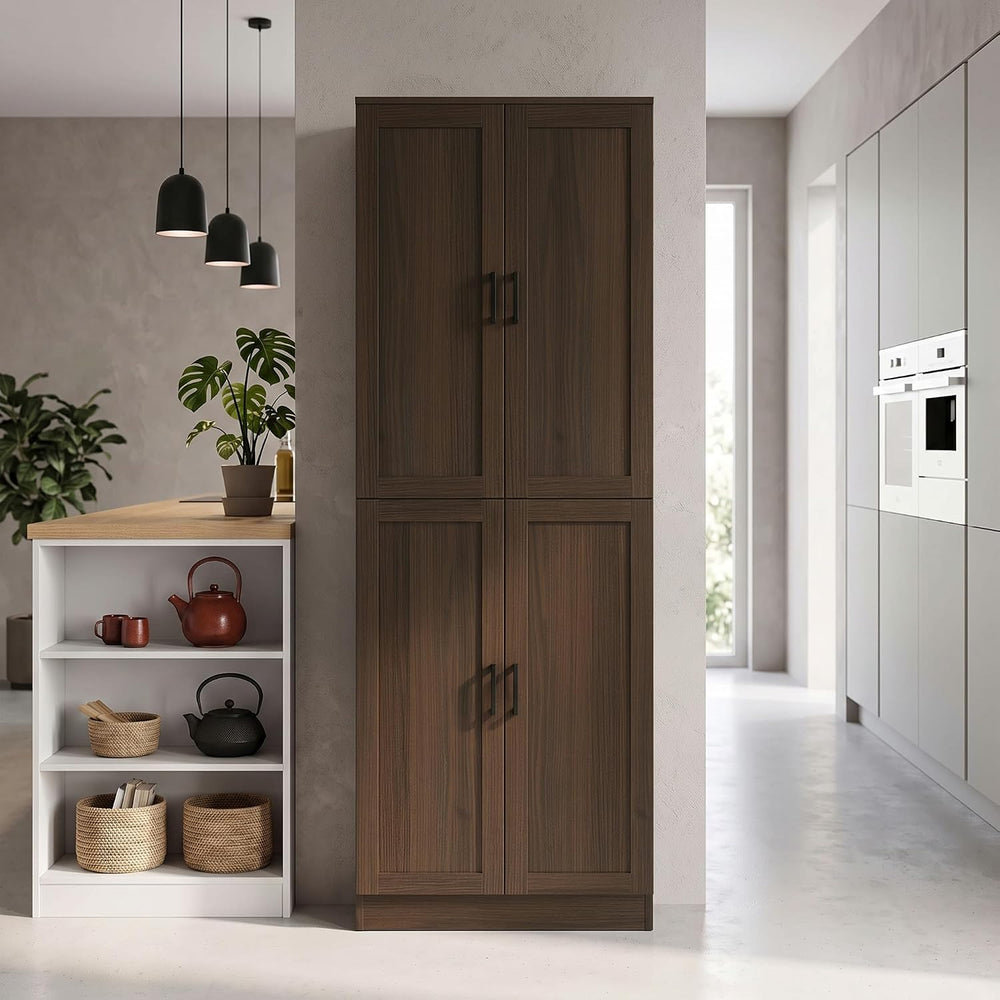 HOMCOM 67" Freestanding Kitchen Pantry 4-Door Cabinet Distressed Brown