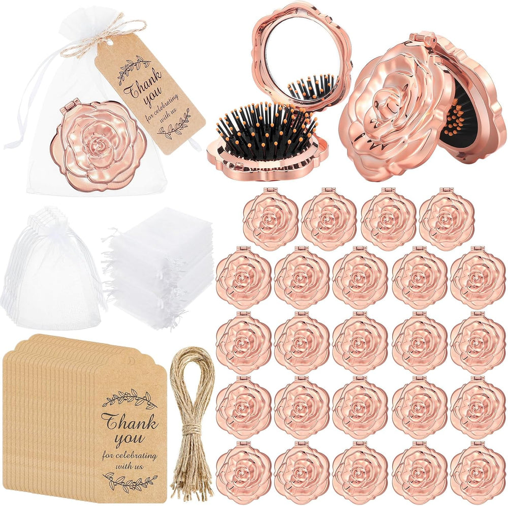 24 Sets Rose Compact Mirrors with Brush Bulk,Rose Gold