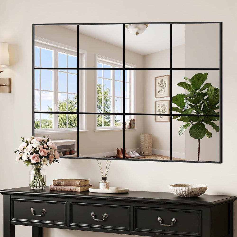 YIROMAN Window Pane Mirror, 48x35 Inch Black Rectangular Wall Mirror
