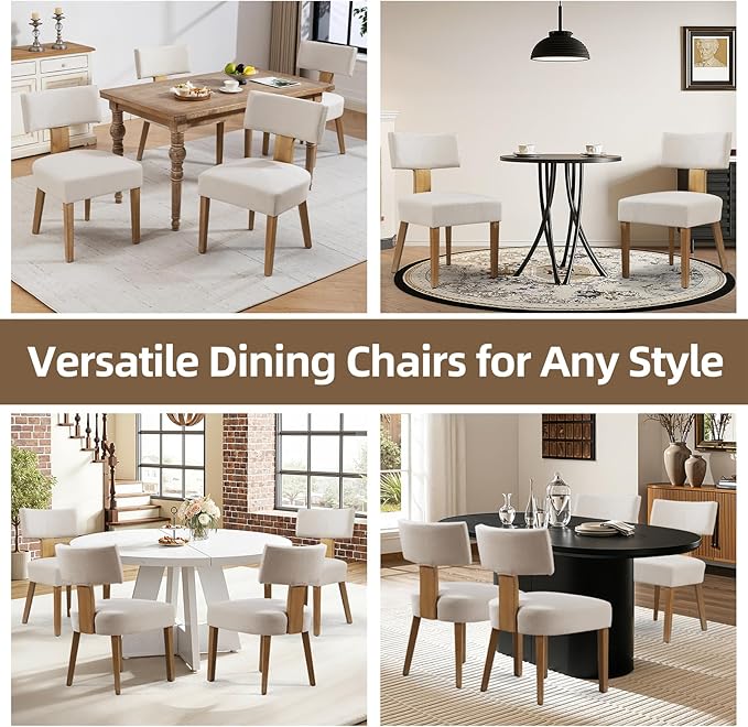 Dining Chairs, Fabric Upholstered Wood Kitchen Chairs Set of 2, Linen Curved Backrest Accent Chairs,Farmhouse Modern Dining Chairs with Foot Pad for Kitchen/Living Room/Restaurant/Cafe-Beige