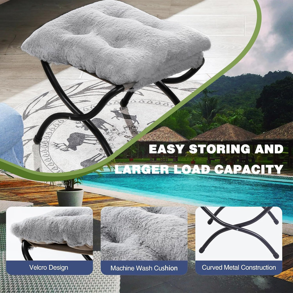 15" faux fur upholstered folding foot rest stool, close-up detail
