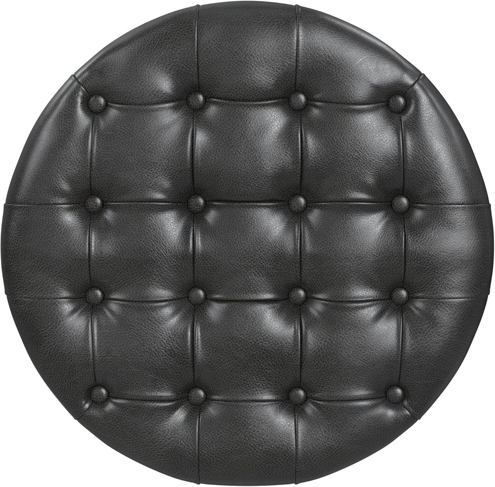 HomePop 25" Button Tufted Round Storage Ottoman - Black Faux Leather