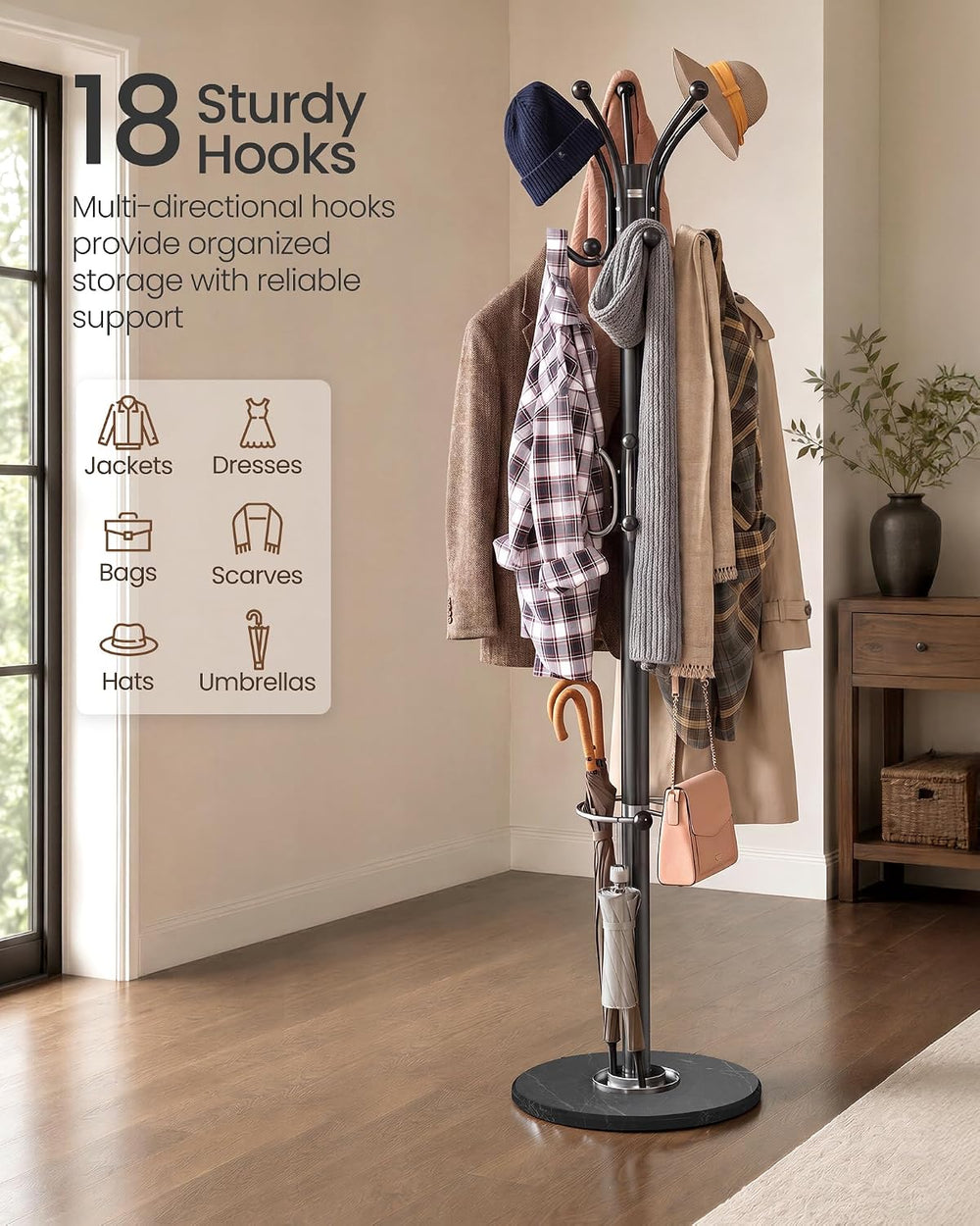 SONGMICS Freestanding Coat Rack, Marble Base, 18 Hooks, Umbrella Holder