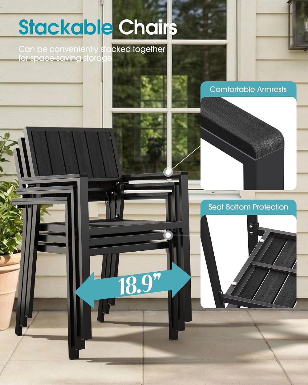 Aluminum Outdoor Dining Set of 6, Patio Table and Stackable Chairs, Black