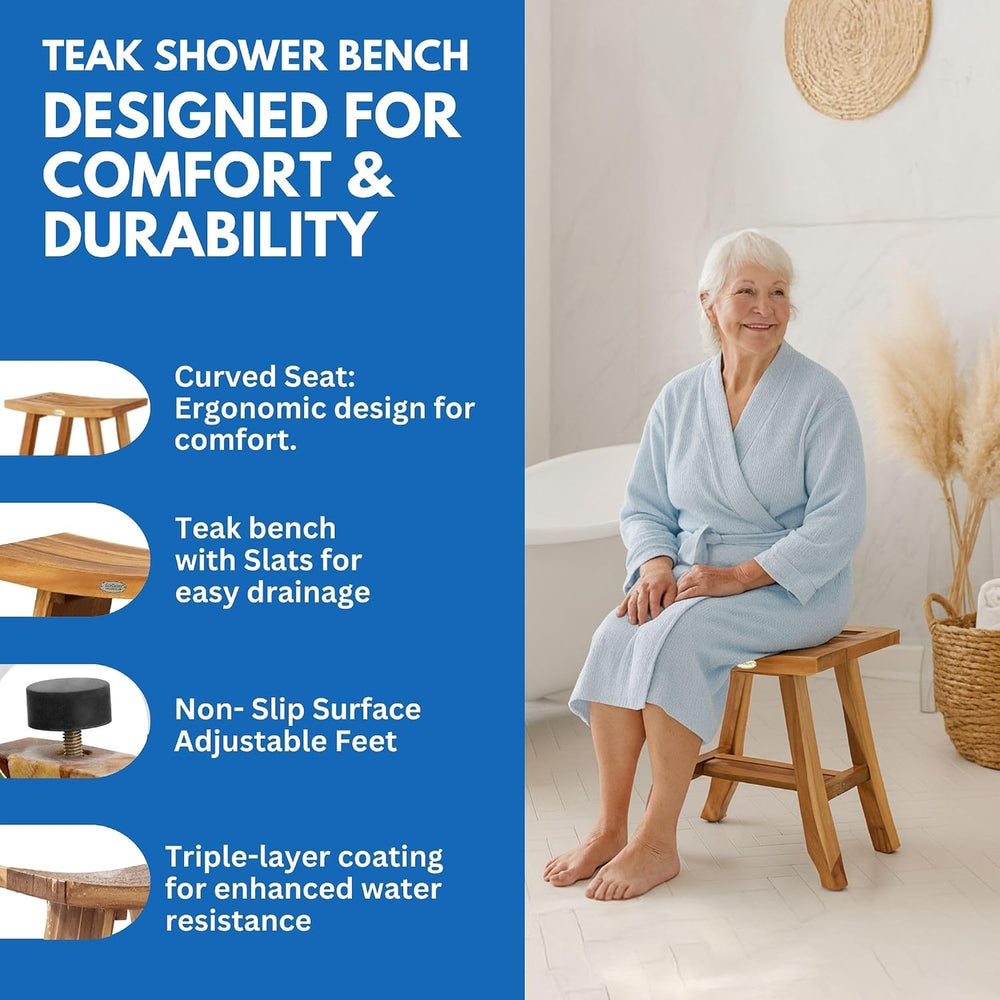 EcoDecors Satori 18-Inch Natural Teak Shower Stool, Waterproof
