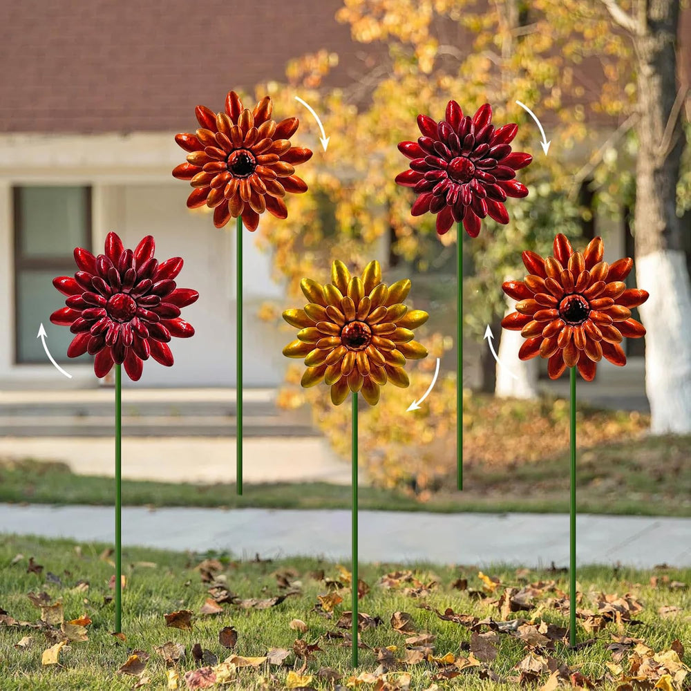 5 Pack Metal Autumn Mums Wind Spinner Garden Stake,Outdoor Fall Decorations