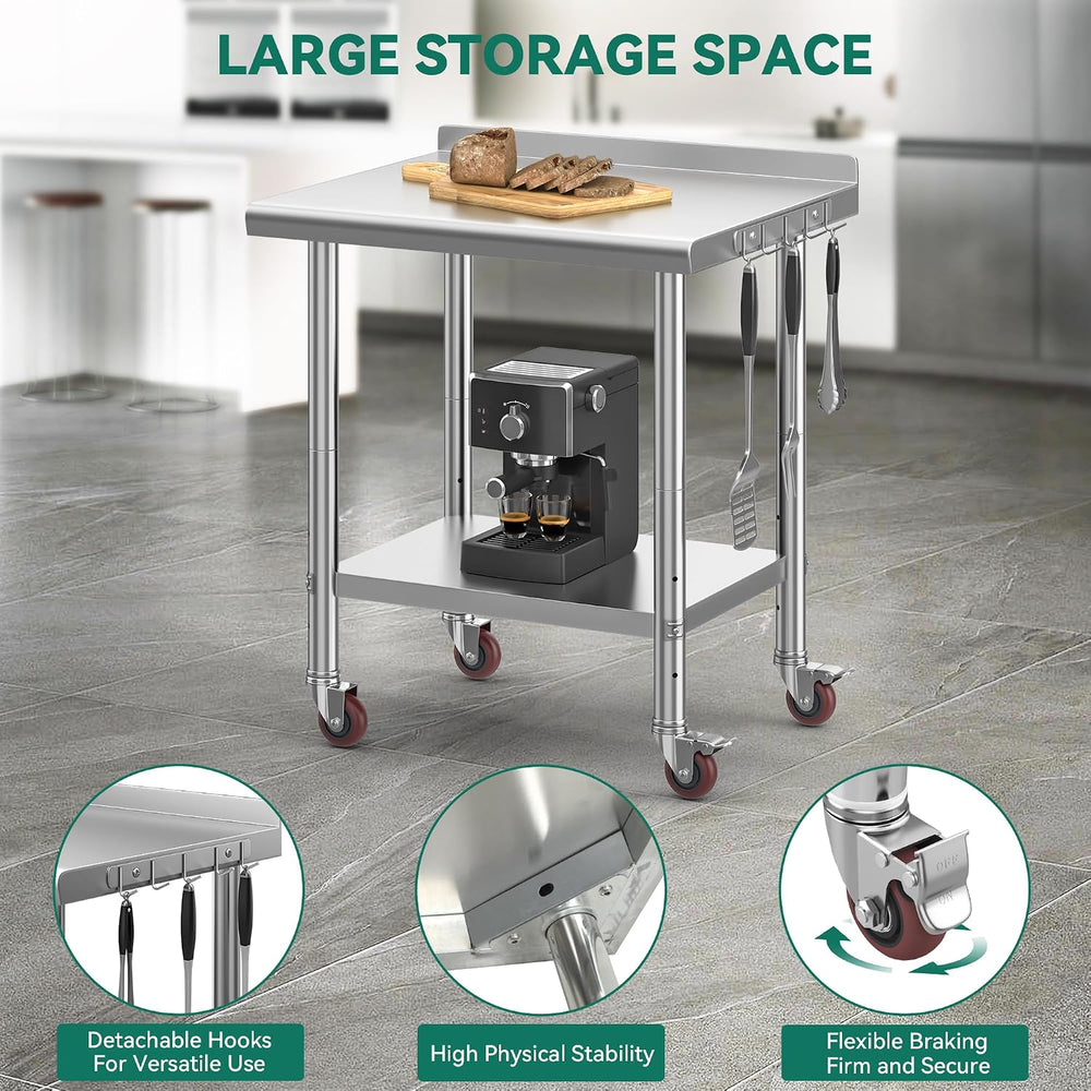 YITAHOME 30" x 24" Stainless Steel Table with Backsplash & Wheels