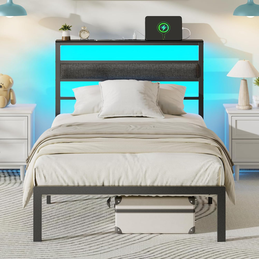 OURPIC Twin Bed Frames, Upholstered Headboard and Storage Shelf, Black